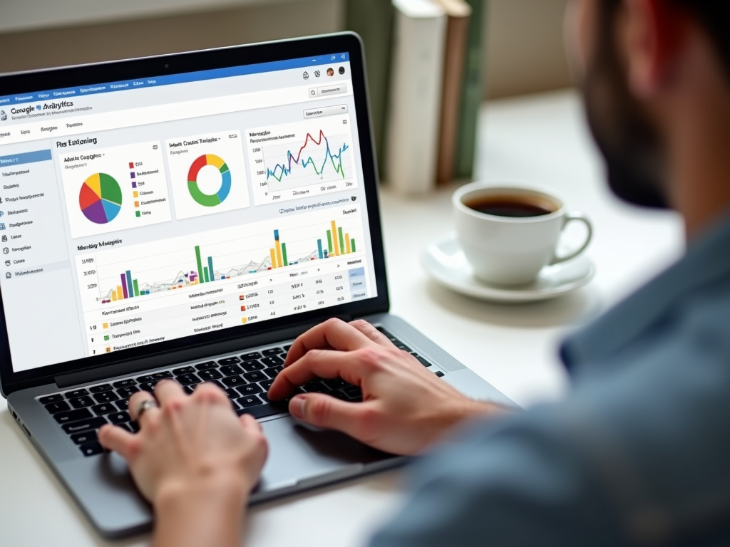 A person analyzes data on a laptop with charts and graphs, with a coffee cup on the table nearby.