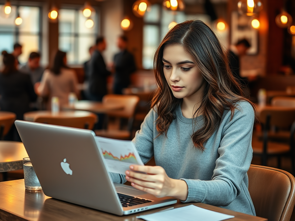 A young woman in a cozy café, focusing on her laptop while reviewing a document with graphs.