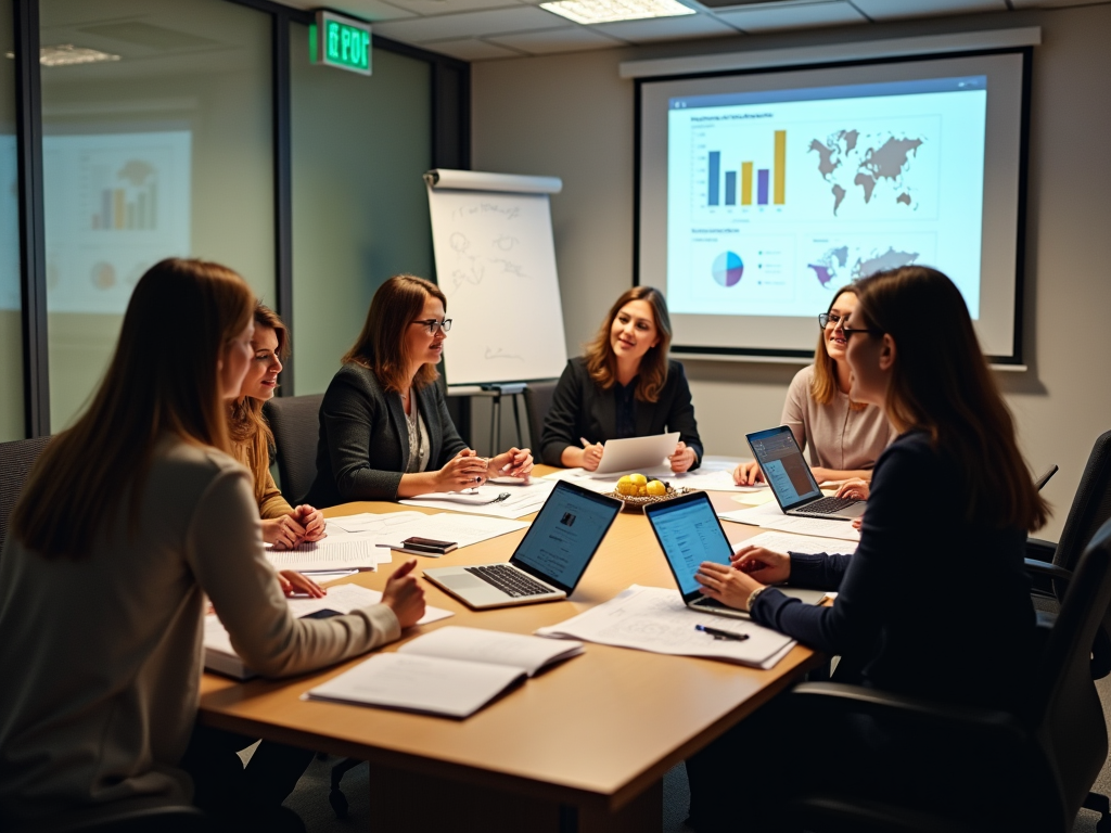 Group of female professionals in a meeting with laptops and presentations in a modern office.