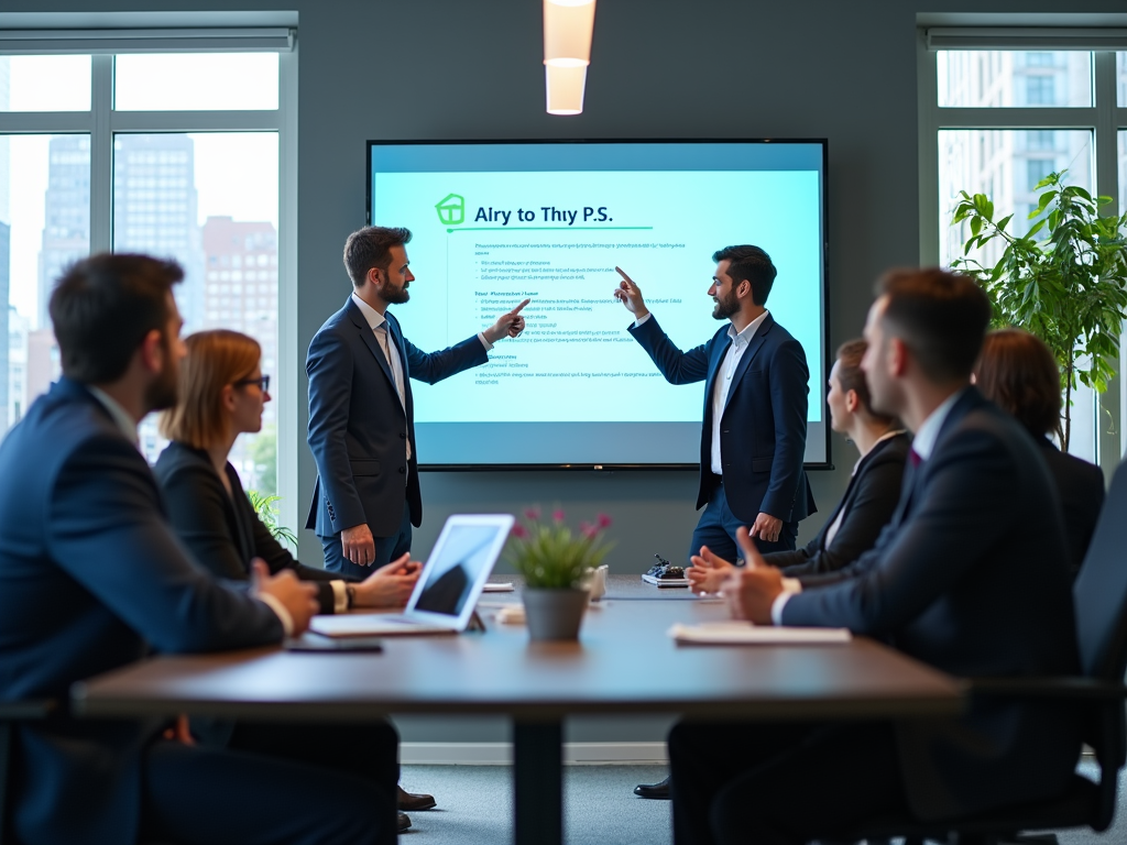 A meeting room with professionals discussing a presentation displayed on a screen, focused on collaboration.