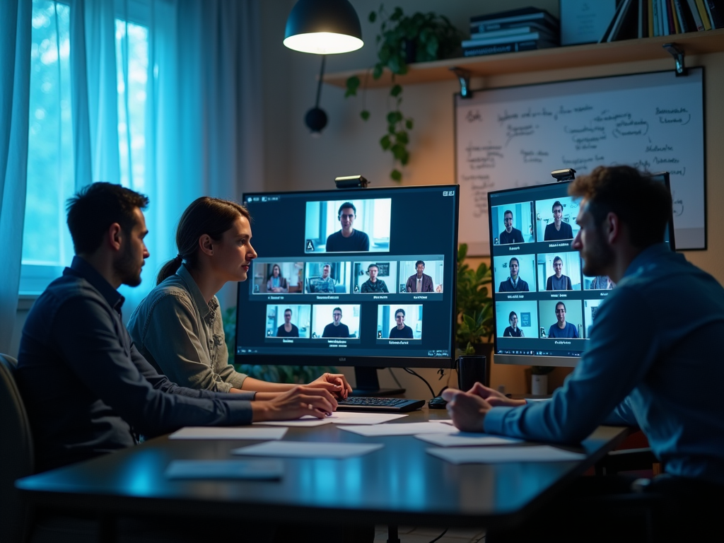 Three professionals in a meeting room interact with multiple colleagues on a large video conference screen.