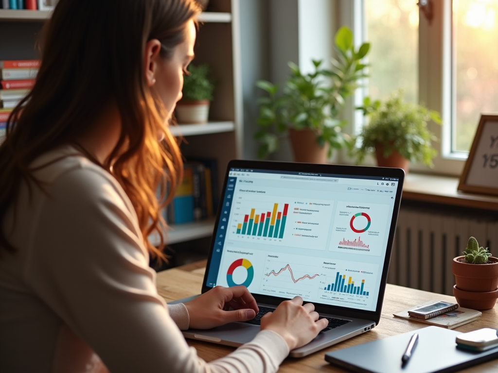 Woman analyzing financial charts on laptop in a home office with plants.