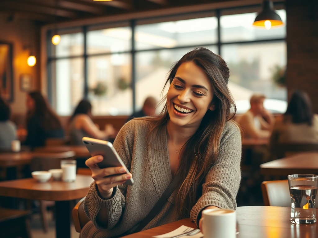 A smiling woman in a cozy café looks at her phone, enjoying her coffee while others chat in the background.