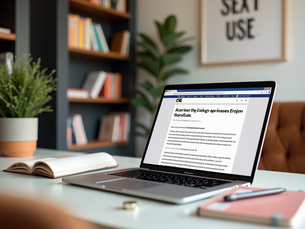 A laptop displaying a document on a desk with a notebook and a plant in a cozy office setting.