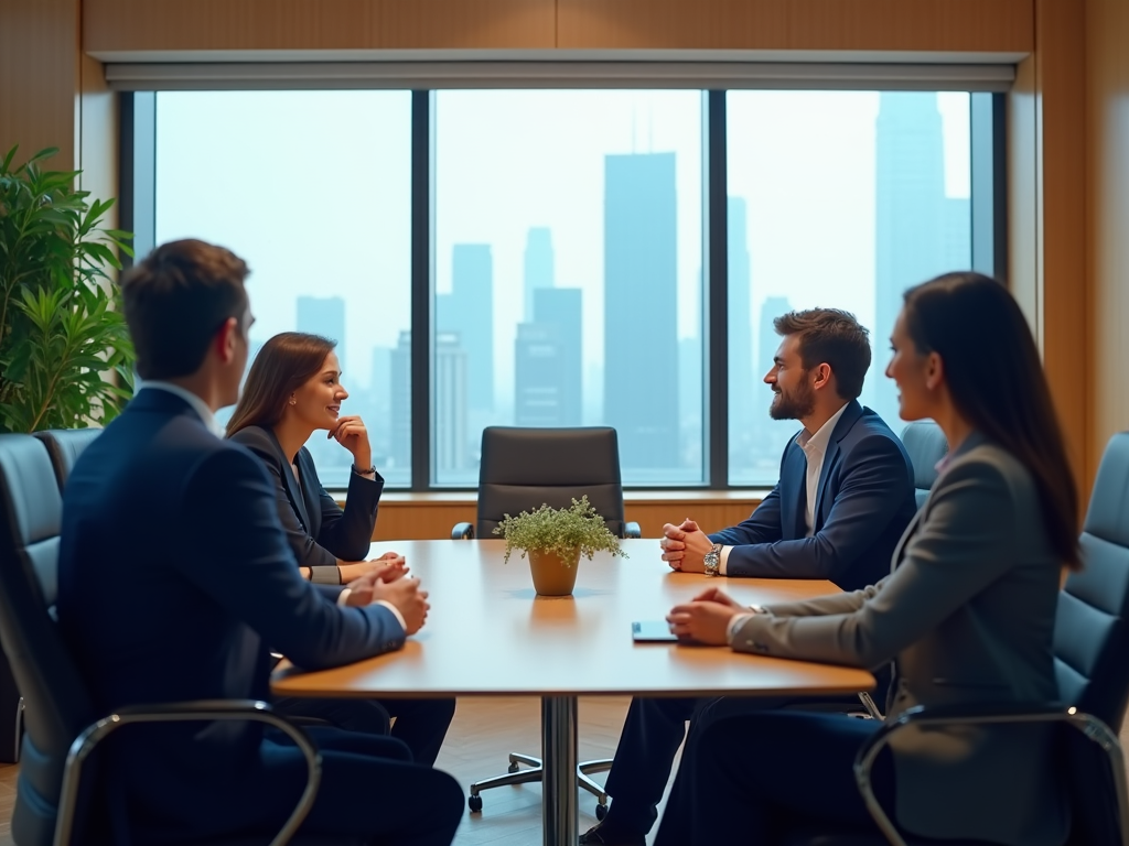 Four business professionals discussing around a table in a modern office with cityscape views.