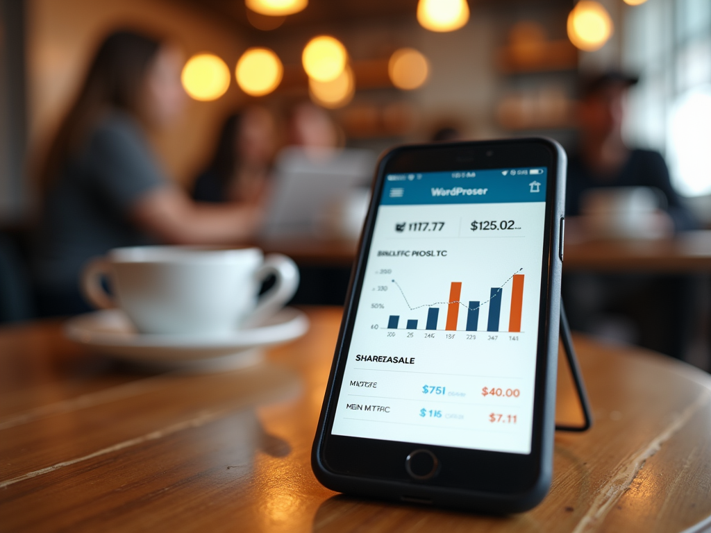 A smartphone displays financial data and graphs, with a coffee cup and blurred people in the background.