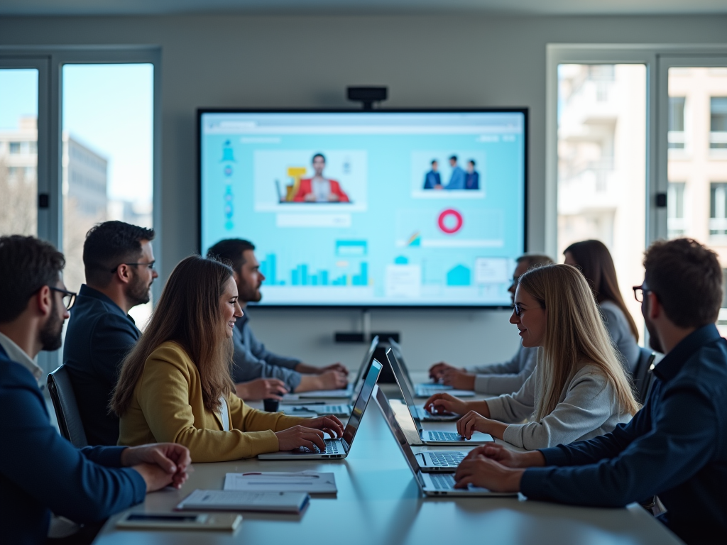 Professionals in a meeting room viewing a presentation on a large screen, discussing charts and data.