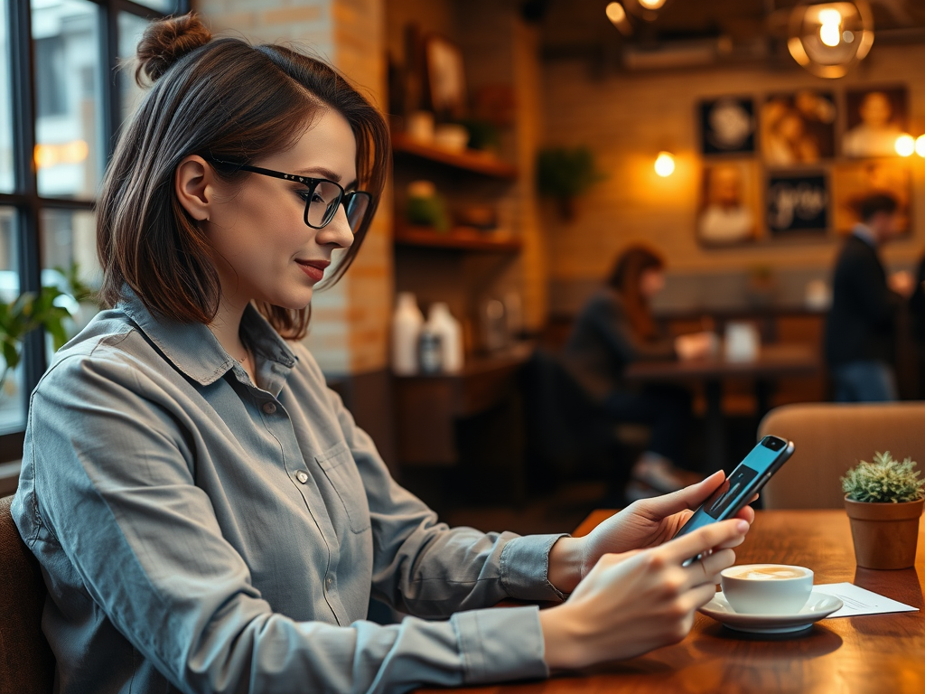 A young woman with glasses sits in a café, focused on her smartphone, with a coffee cup nearby.