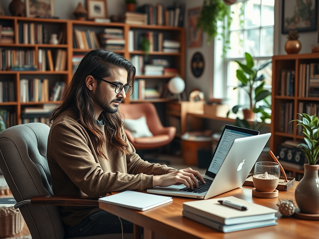 A person with long hair and glasses works on a laptop at a cozy desk surrounded by books and plants.