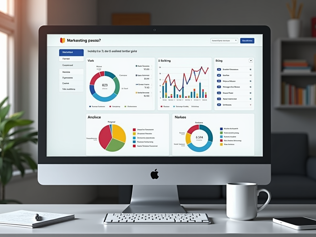 Computer screen displaying colorful marketing analytics graphs and charts in an office environment.