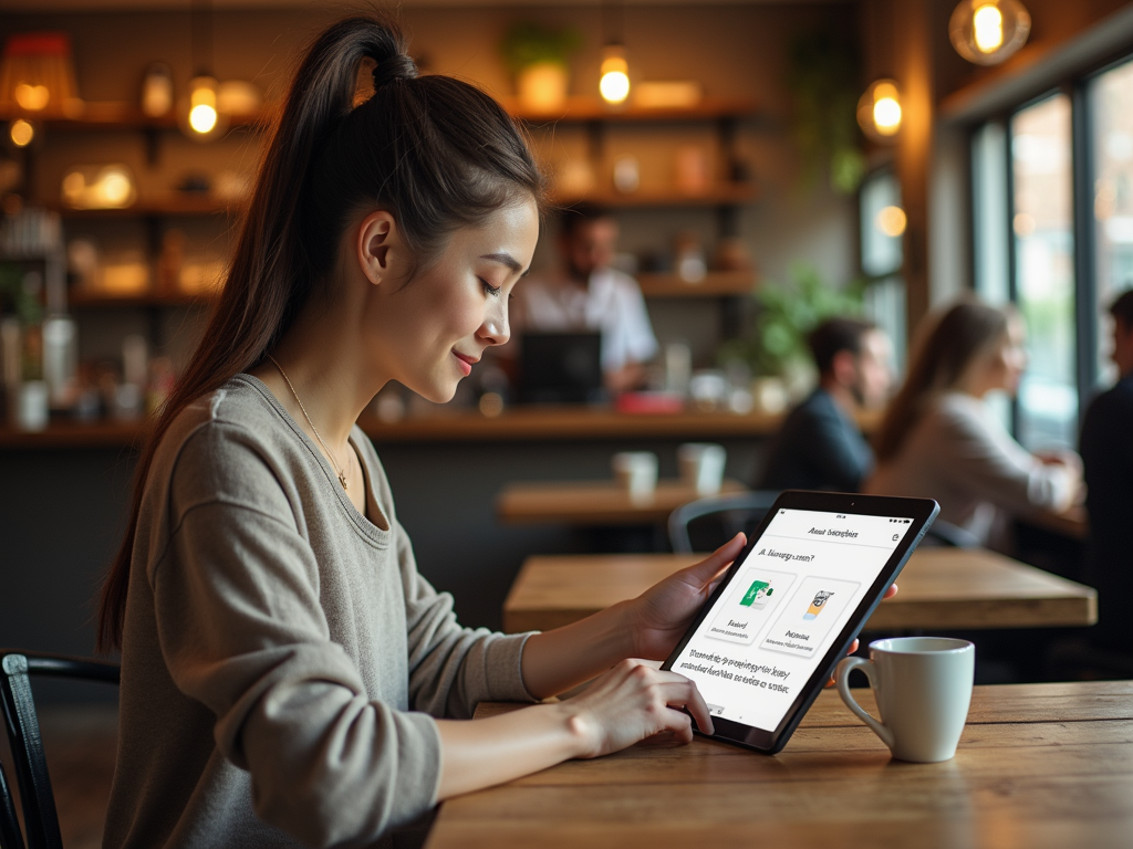 Woman using a tablet in a cozy cafe with people in the background.