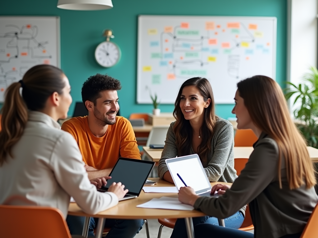 Four colleagues engaging in a meeting around a table in a colorful office space with charts on the wall.