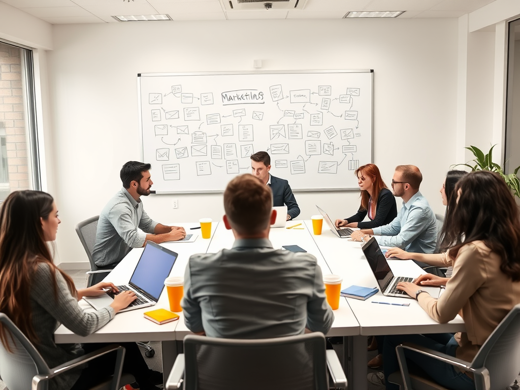 A group of professionals in a meeting around a table, discussing marketing strategies with laptops and notes.