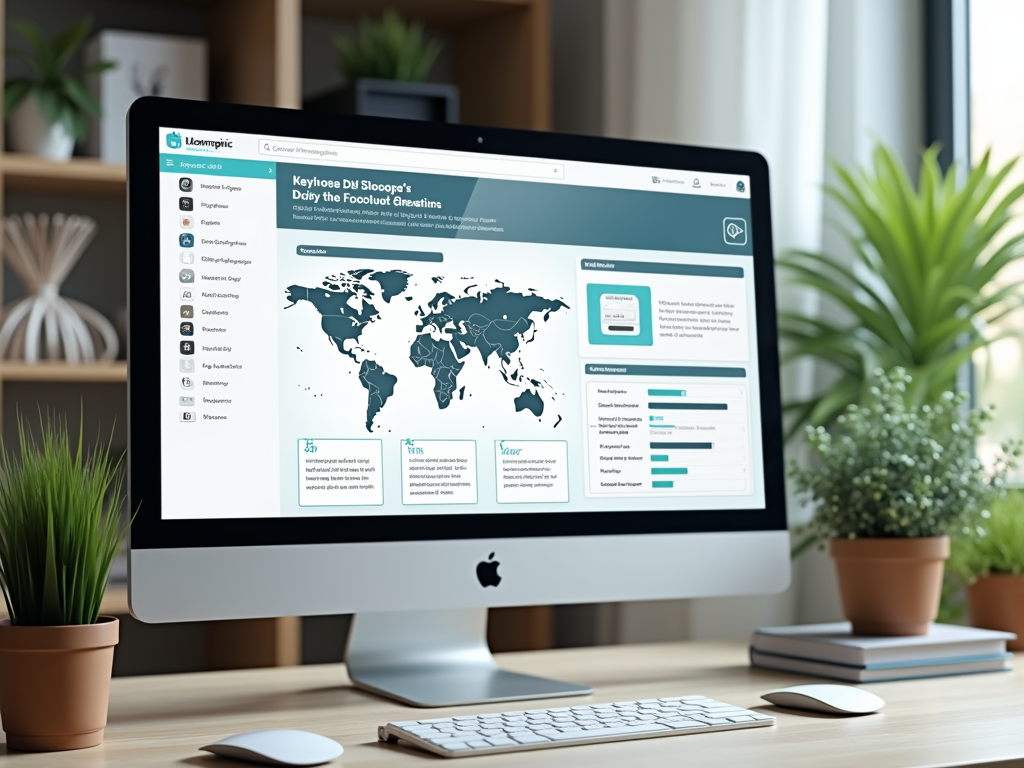 World map on a desktop screen showing data analytics dashboard placed in a wooden office workspace.