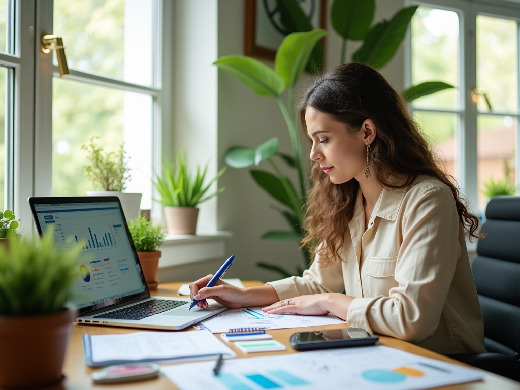 Woman analyzing data on laptop in a plant-filled office space.