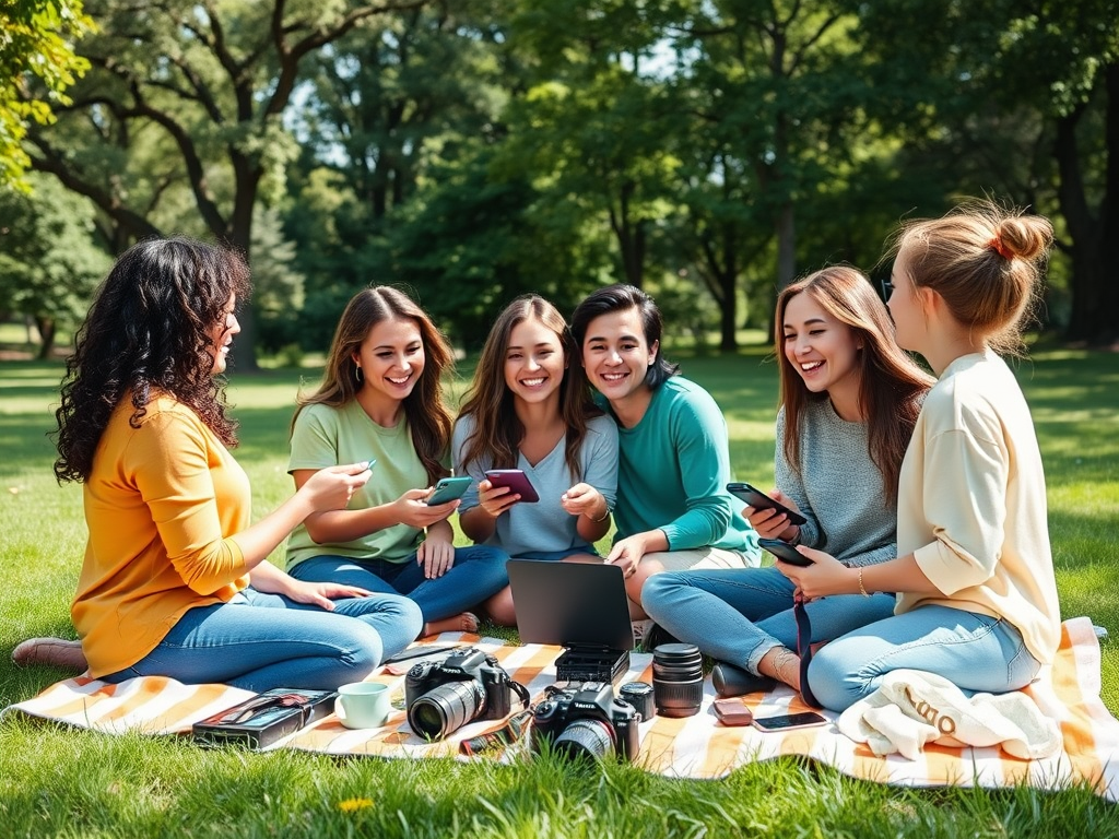 A group of six friends smiling and using smartphones, sitting on a picnic blanket with cameras and a laptop.