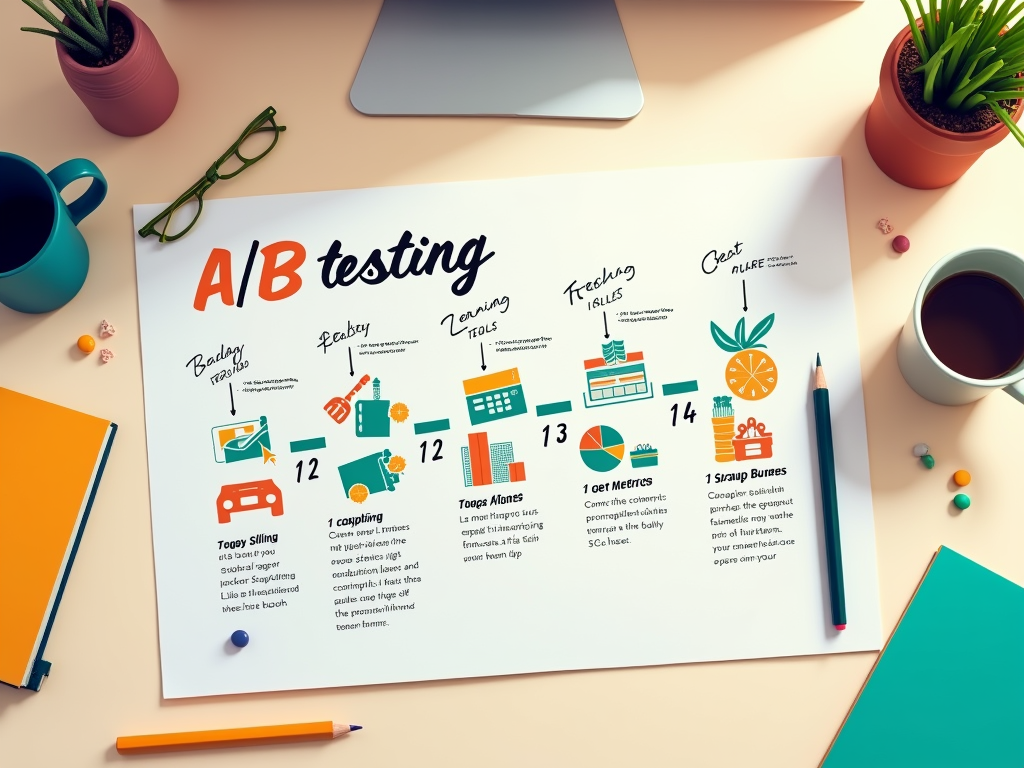 A colorful A/B testing infographic on a desk with plants, glasses, and coffee, illustrating various marketing elements.