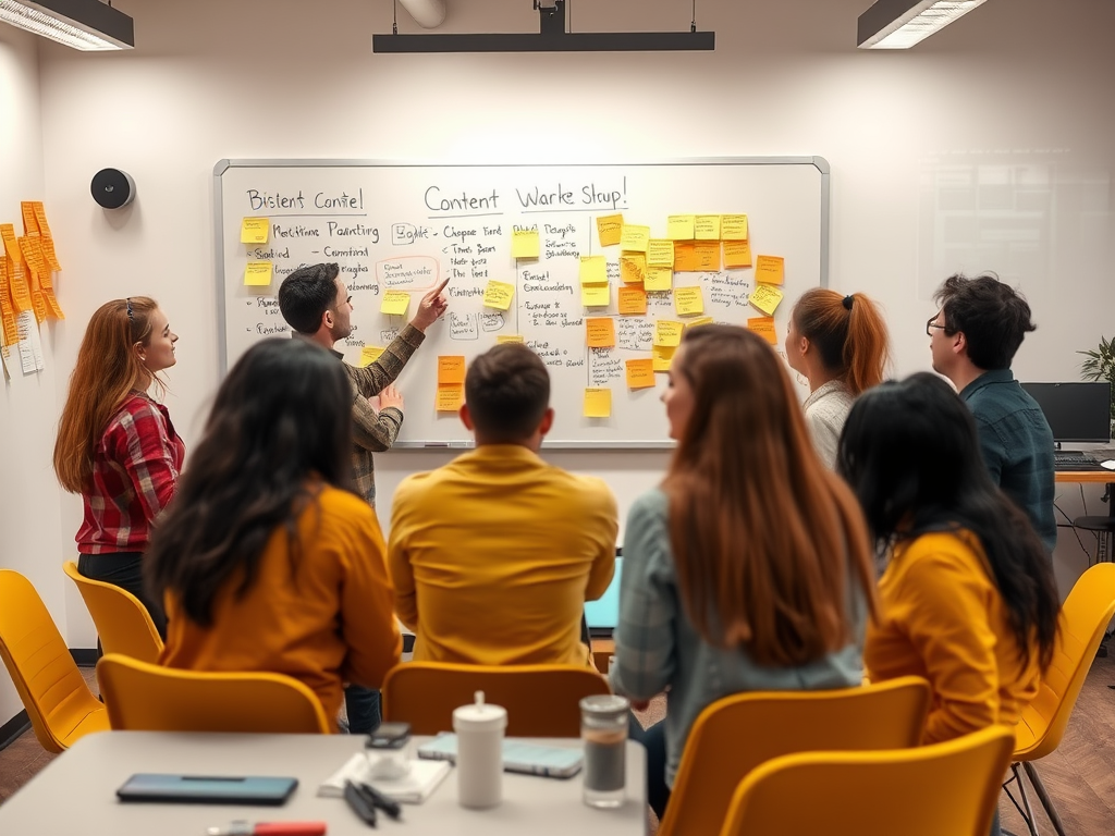 A group participates in a brainstorming session, discussing ideas on a whiteboard covered with sticky notes.