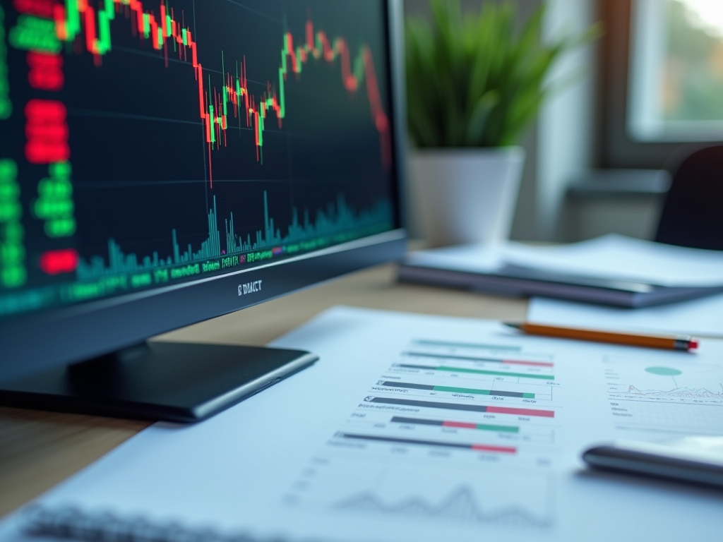 Computer monitor displaying stock market data with scattered documents on a desk.