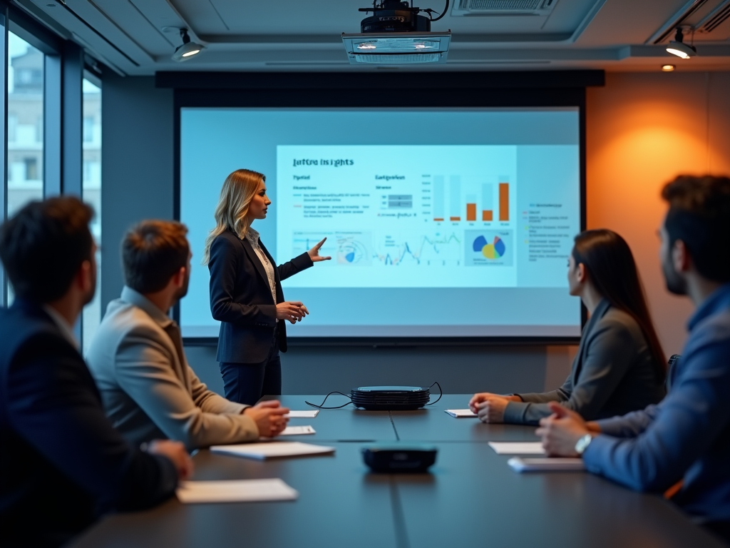 A woman presents data to a group in a conference room, with graphs displayed on a screen behind her.