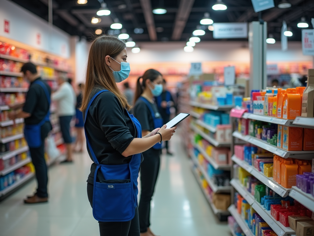 Woman in blue vest and mask holding tablet in busy store aisle.