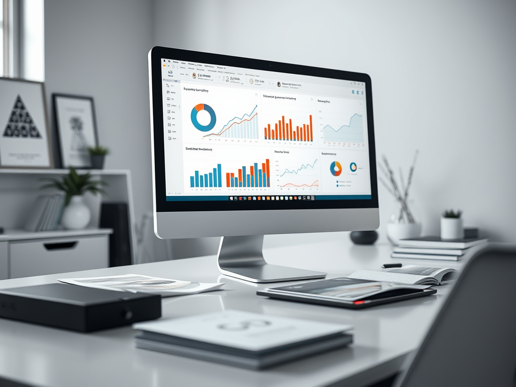 A computer monitor displays colorful data visualizations and charts on a modern desk setup.