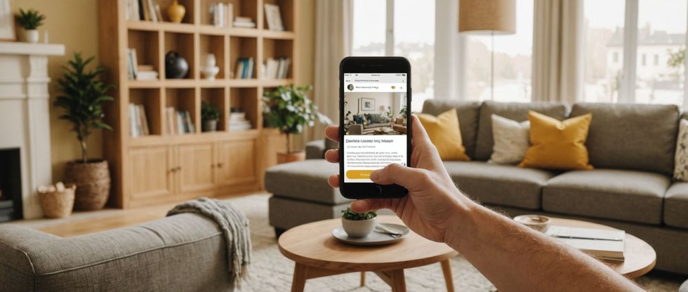 Рука с смартфоном в интерьере гостиной; на экране открыто приложение с интерьером.